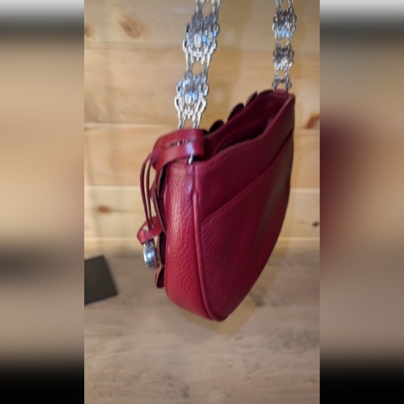 Brighton ROSALIE Bag Purse REDLEATHER Flower 3D Petals Silver Chain Appliqué - Picture 2 of 12